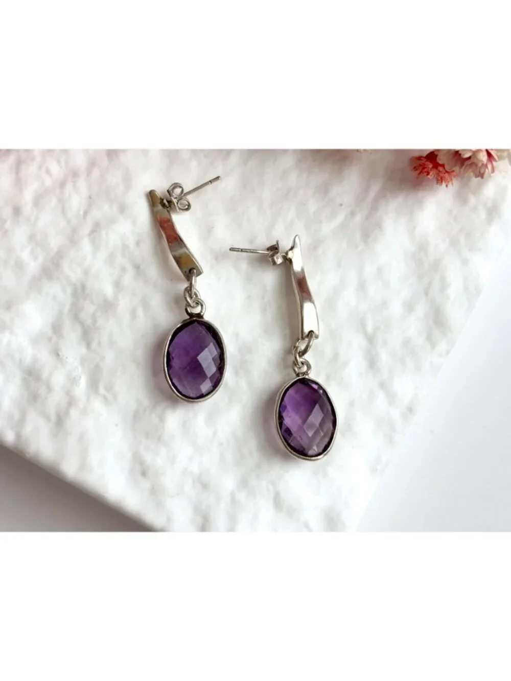 Amethyst Gemstone Swirly Minimalist Vintage Sterling Silver 925 Earrings